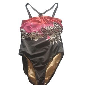 Vintage Carol Wior Size 14 Black Pink Floral Criss Cross One Piece Swimsuit USA